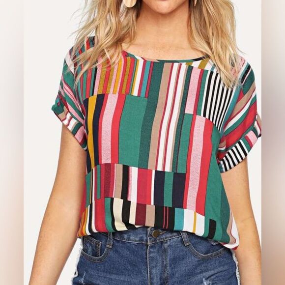 SHEIN Multicolor Striped Rolled Up Blouse Women's Size XS - Picture 1 of 10